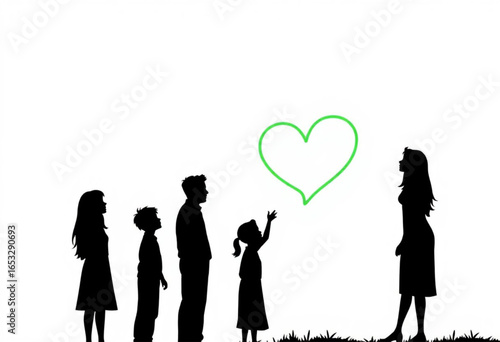 Silhueta de Família olhando para um coração no alto. Amor, carinho, felicidade, companheirismo.