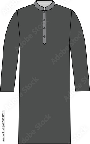 Dark long-sleeve kurta front view with button placket – flat ethnic fashion illustration