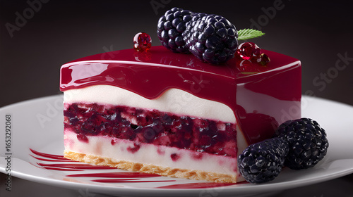 Delicious berry cheesecake slice topped with a glossy glaze and fresh berries on a white plate.