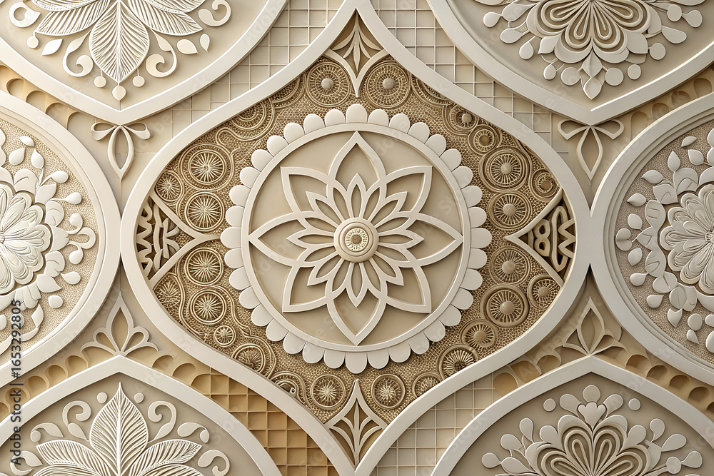 Elegant bas-relief of an intricate Islamic or Indian ornamental pattern. 3D wallpaper with beautiful floral and geometric mandala designs.
Generative Ai.