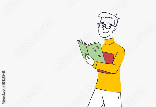 Estudante sorridente lendo um livro. 