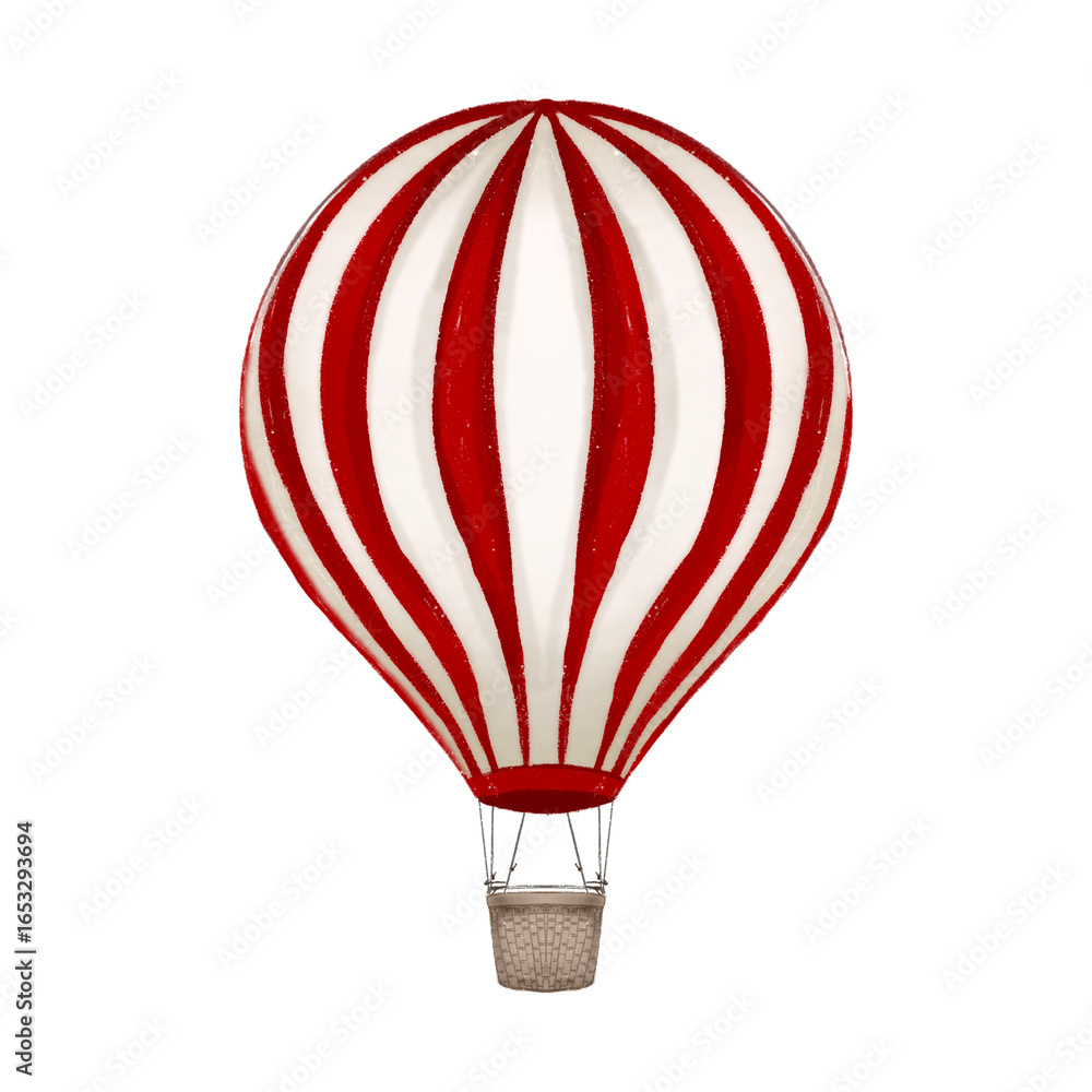Naklejka premium Illustration of vintage hot air balloon, red and white, circus with basket, greeting card or birthday invitation, cute art for kids, hand drawn on transparent background.