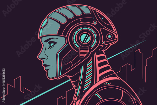 Illustration of a futuristic robot woman with city skyline on dark background