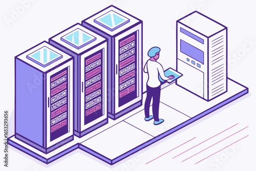 Isometric server room with engineer maintaining the system on a white background