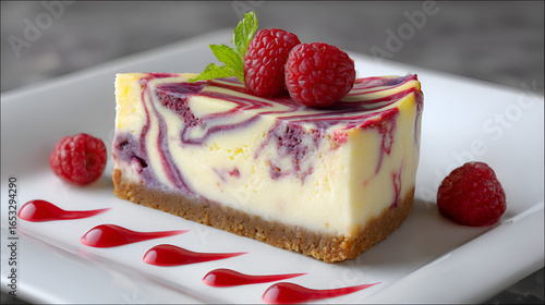Raspberry Swirl Cheesecake: A delectable dessert with creamy filling, raspberry swirl, and graham cracker crust.