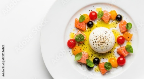 Gourmet dish with salmon, tomatoes, and cheese on a white plate