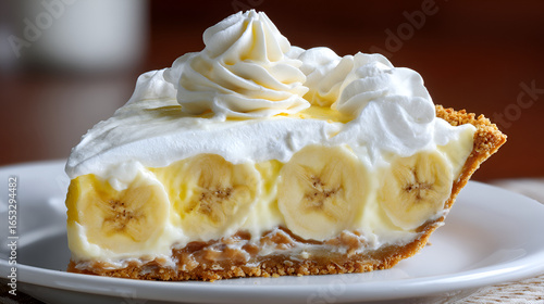 Banana pie slice: golden crust, creamy filling, fresh banana slices, topped with sweet whipped cream.
