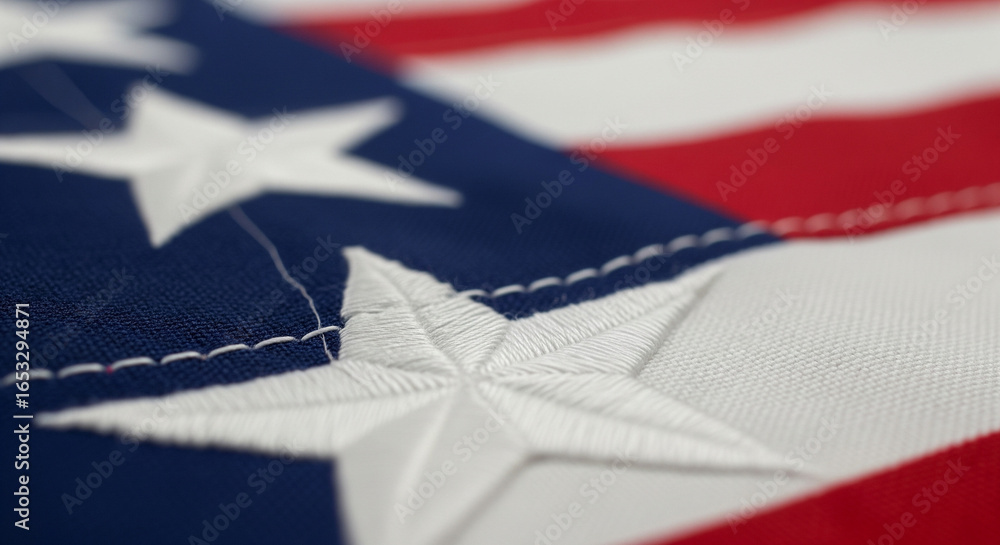 A detailed macro shot of the American flag, focusing on the intricate embroidery of the stars and the stitching that connects the red, white, and blue sections A detailed macro shot of the American flag, focusing on the intricate embroidery of the stars and the stitching that connects the red, white, and blue sections