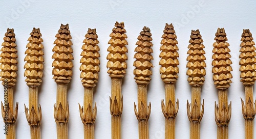  Horsetail herb dried stems arranged linearly on white background
