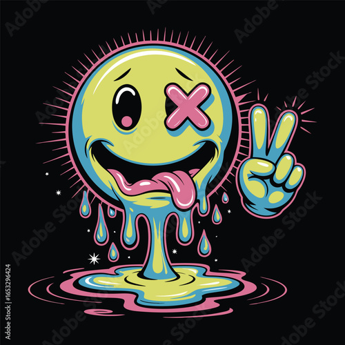 Psychedelic smiley face dripping with peace sign
