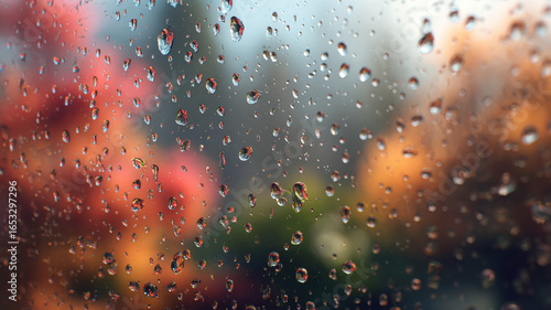 Water droplets on rainy glass with blurred colorful background creating abstract dreamy peaceful atmosphere of nature