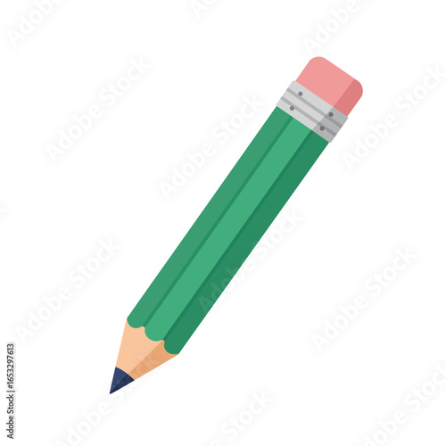 A green pencil with pink eraser on a white background
