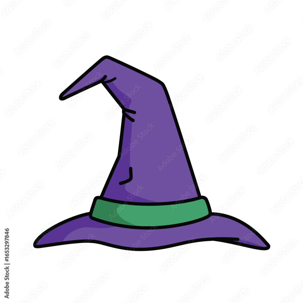 Fototapeta premium A purple cartoon witch hat with a green band around the base