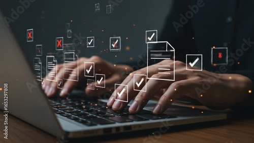 Person typing on a laptop with digital checkmarks and x marks floating above the keyboard area shown