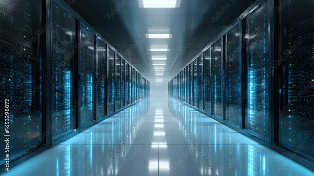 Fototapeta premium Glowing Server Room Corridor in Data Center – Sleek Technology Architecture in High Resolution