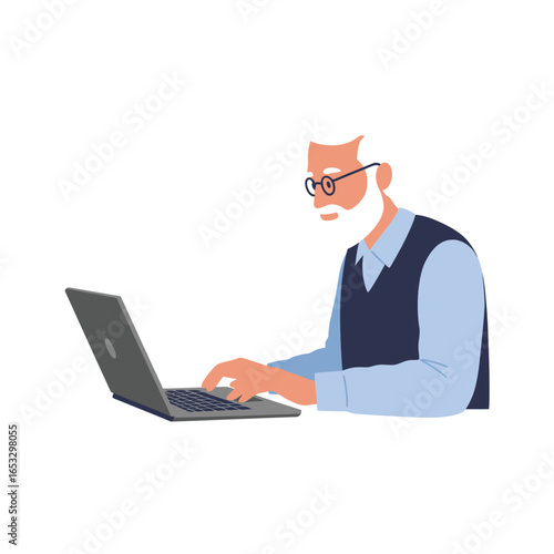 An older man with white hair and beard working on a laptop computer