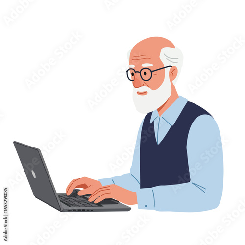 An older man with white hair and beard using a laptop computer