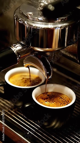 Close up of rich espresso pouring into two ceramic cups from professional coffee machine in warm café atmosphere