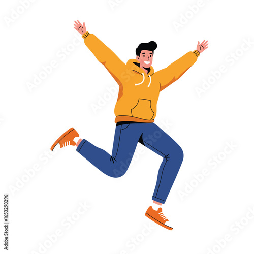 Young man jumping in the air with arms outstretched in a happy pose