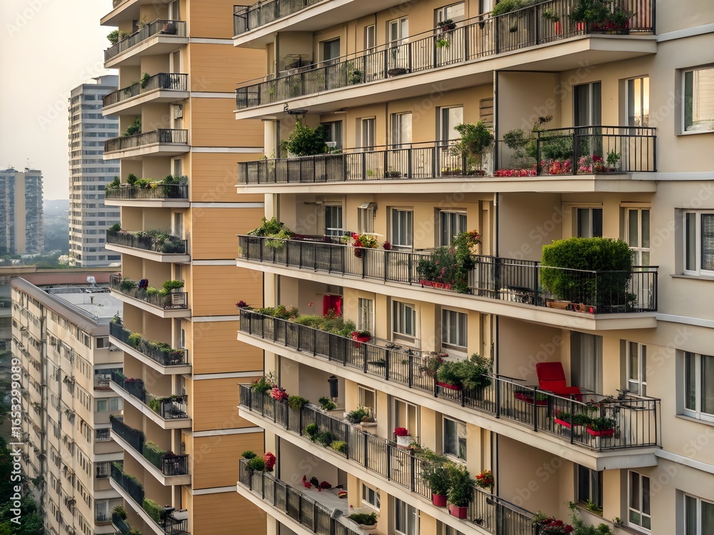 Rows of apartment building balconies filled with potted plants and flowers creating a green urban facade Rows of apartment building balconies filled with potted plants and flowers creating a green urban facade