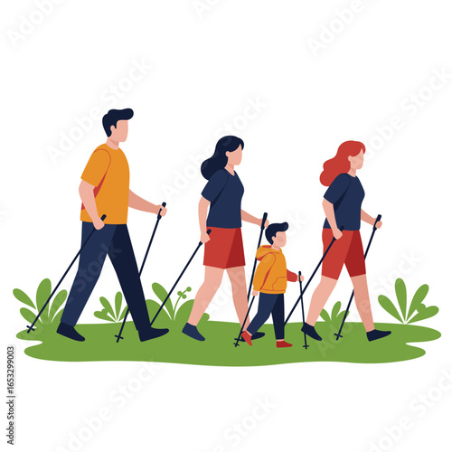Family walking together in a park with trekking poles
