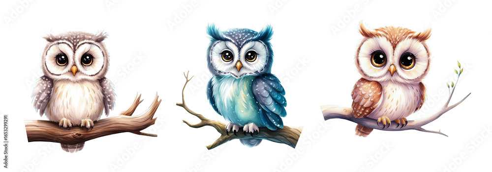 Fototapeta premium Watercolor illustration of three adorable owls sitting on tree branches, painted in soft colors. Perfect for woodland designs, nursery decor, greeting cards, and nature-themed projects.
