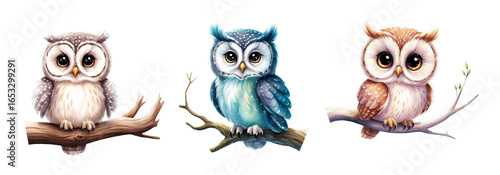 Wallpaper Mural Watercolor illustration of three adorable owls sitting on tree branches, painted in soft colors. Perfect for woodland designs, nursery decor, greeting cards, and nature-themed projects. Torontodigital.ca