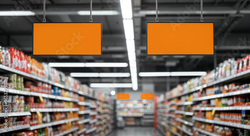 Blank Orange Signage in Supermarket Aisle
