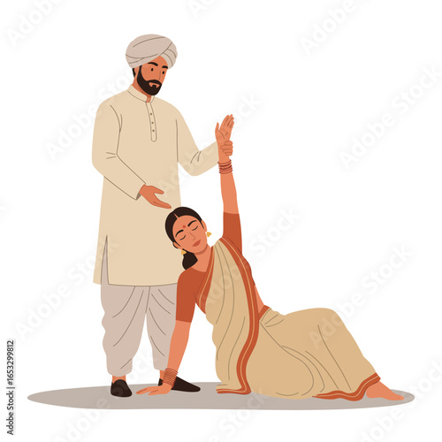 man assisting woman in yoga pose on floor in traditional indian clothing