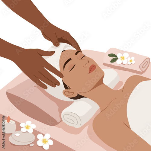woman receiving facial massage at spa with towels and flowers