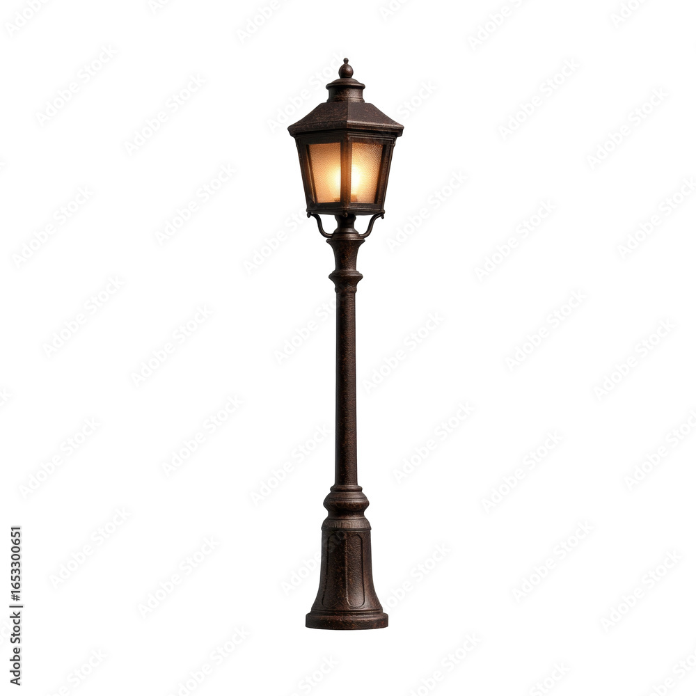 Fototapeta premium Vintage outdoor street lamp with warm glowing light on black background