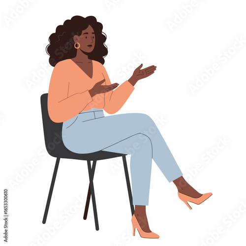 A dark skinned woman sitting in a chair with her legs crossed