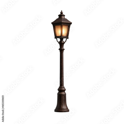 Vintage outdoor street lamp with warm glowing light on black background