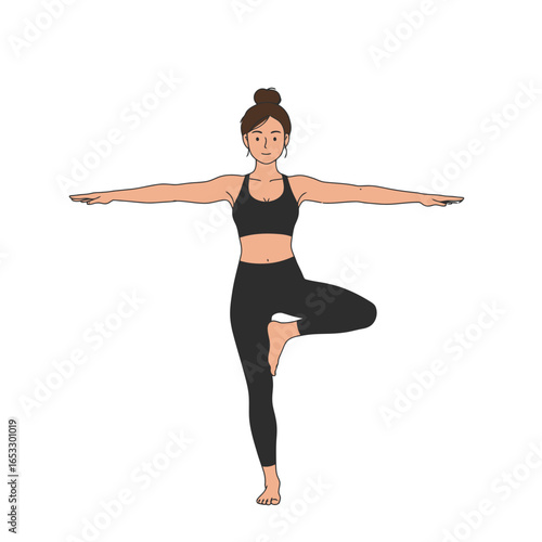 woman in black outfit doing yoga pose with one leg lifted