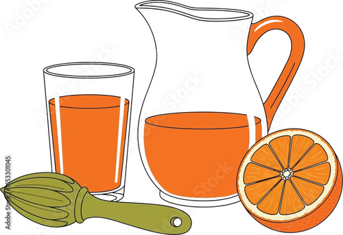 Fresh orange juice in glass and pitcher with juicer vector