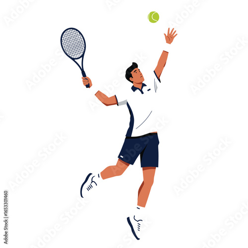 Man in white shirt and blue shorts jumping to hit a tennis ball