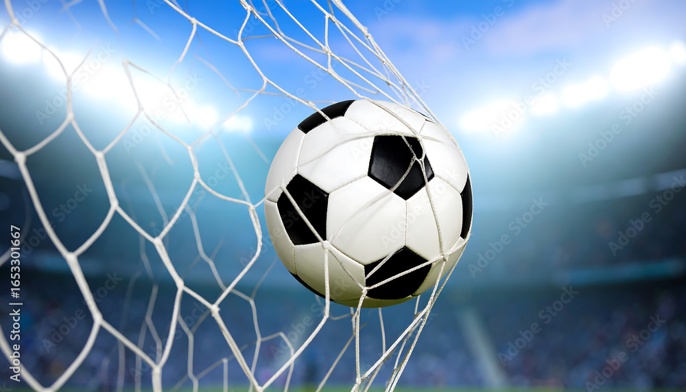 Naklejka premium Dramatic Soccer Goal: Close-up of a classic black and white football entering the net, vibrant stadium lights blurred background, dynamic action shot.