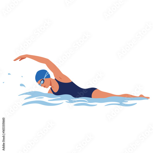 Woman swimming in freestyle stroke with goggles and cap in water
