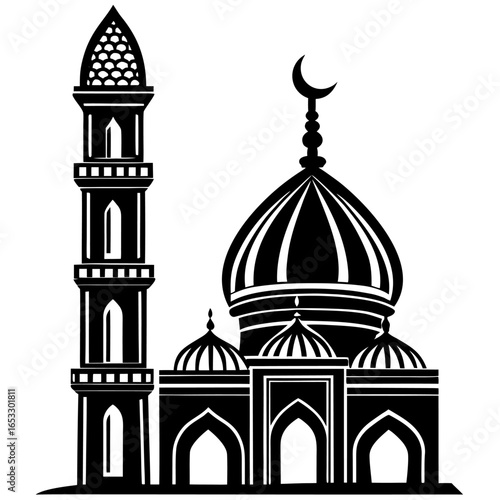 A breathtaking Islamic mosque with grand domes and tall minarets, intricate Arabic calligraphy on the walls, golden chandeliers illuminating the prayer hall, soft carpet patterns leading towards the M