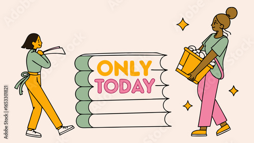 Vector illustration of a promotional sale event featuring cheerful shoppers with a "Only Today" message