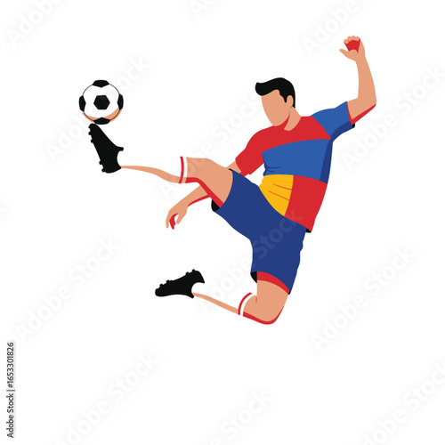 Soccer player in mid kick with ball and celebratory gesture in air