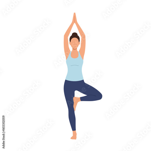 woman in yoga pose with arms raised and one leg bent