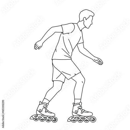 Man wearing rollerblades and skating on a smooth surface in a casual outfit