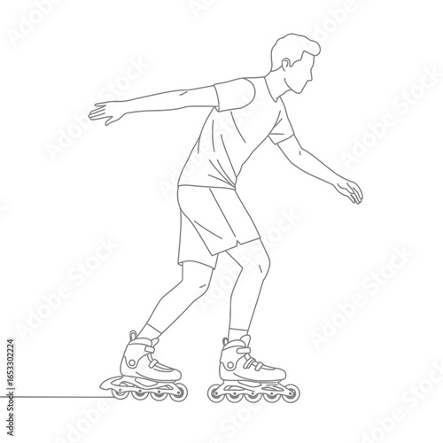 Man wearing rollerblades and skating on a smooth surface with arms outstretched