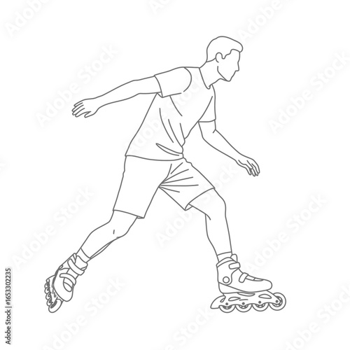 Man wearing rollerblades and skating on a smooth surface with arms outstretched
