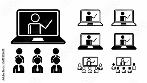 Illustration showing online meeting with presenter on laptop and audience attending virtually online silhouette
