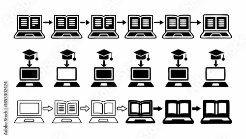 Depicts three processes involving laptops books graduation caps and arrows in a sequential manner one hundred silhouette