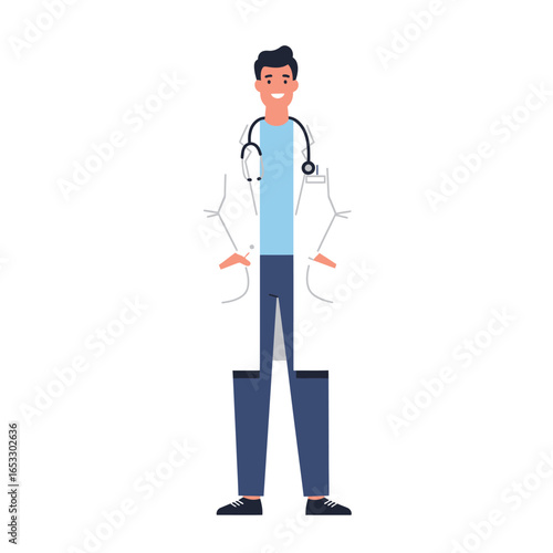 A cartoon doctor with a stethoscope and lab coat standing confidently