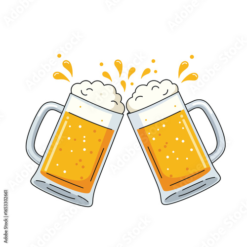 Two beer mugs clinking together with foam and liquid splashing