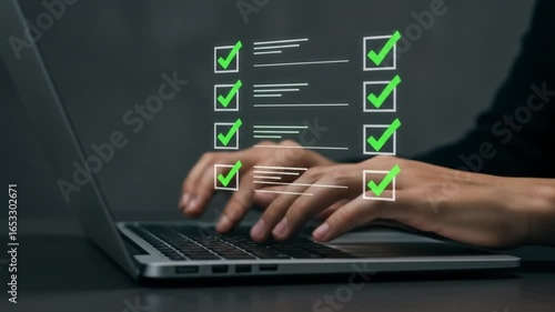Person using laptop with digital checklist overlay, showing completed tasks and productivity at work